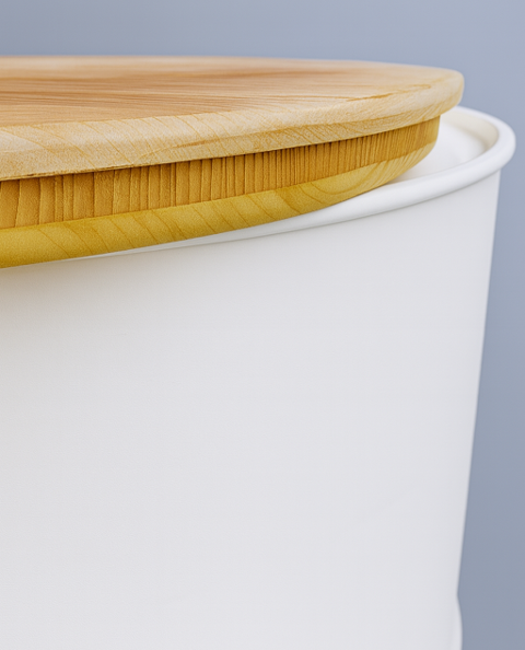 Stehtischtonne Weiß mit Tischplatte aufliegend