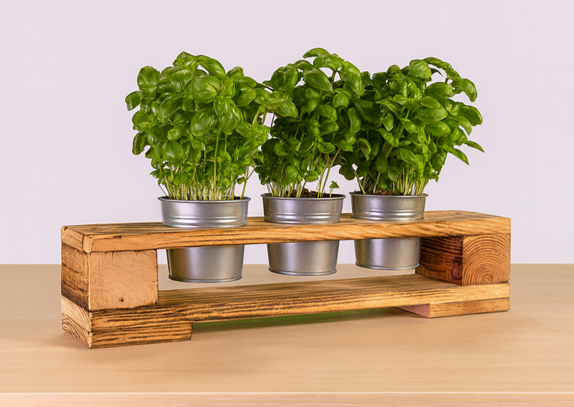 Europaletten Kräuterregal mit Zinktöpfen