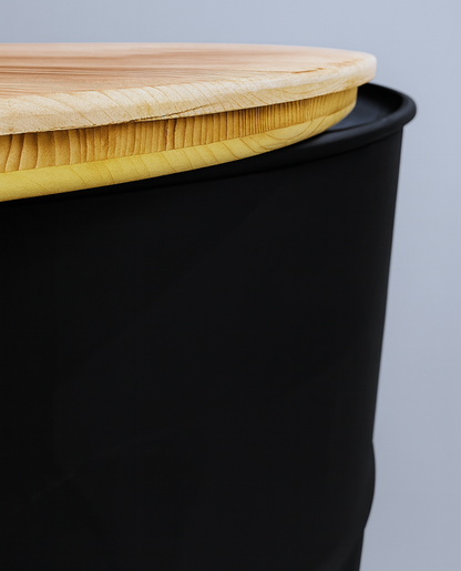 Stehtischtonne Schwarz mit Tischplatte aufliegend