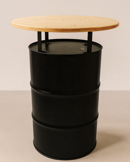 Stehtischtonne Schwarz mit Tischplatte und Abstandhaltern