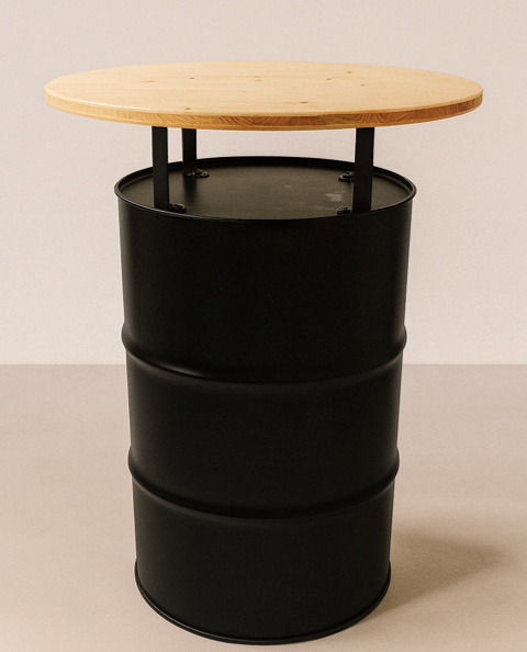 Stehtischtonne Schwarz mit Tischplatte und Abstandhaltern