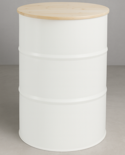 Stehtischtonne Weiß mit Tischplatte aufliegend