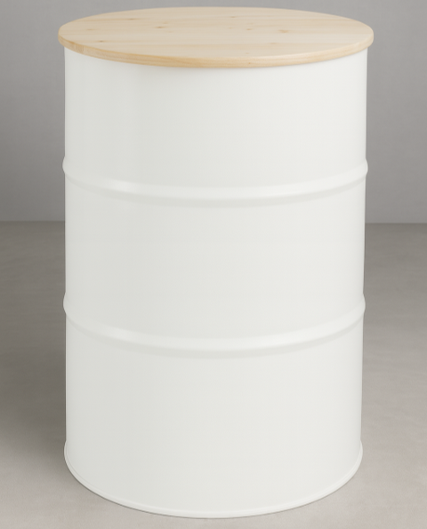 Stehtischtonne Weiß mit Tischplatte aufliegend